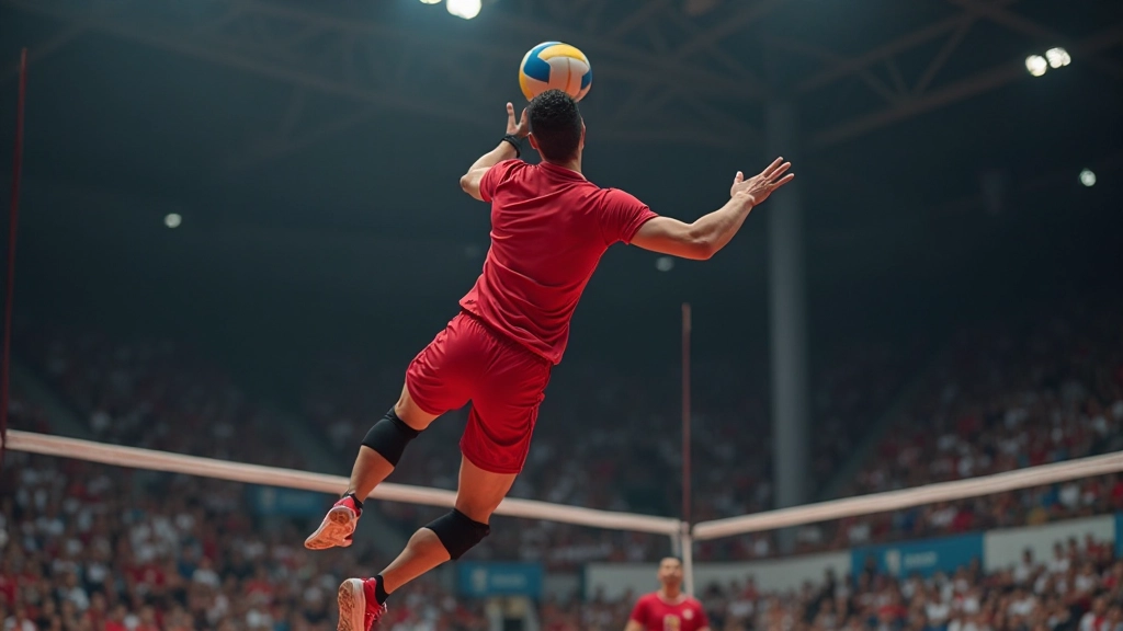 لاعب كرة طائرة مصري يقفز عاليًا لتنفيذ ضربة هجومية قوية