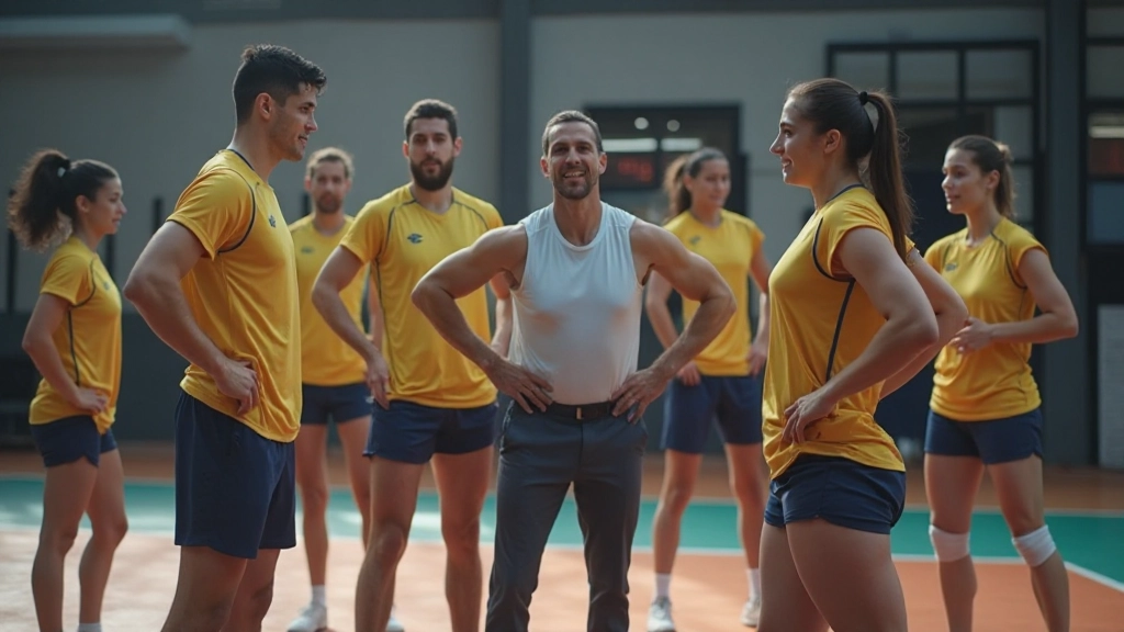 معسكر تدريبي لفريق الكرة الطائرة مع لاعبين في تمرينات بدنية